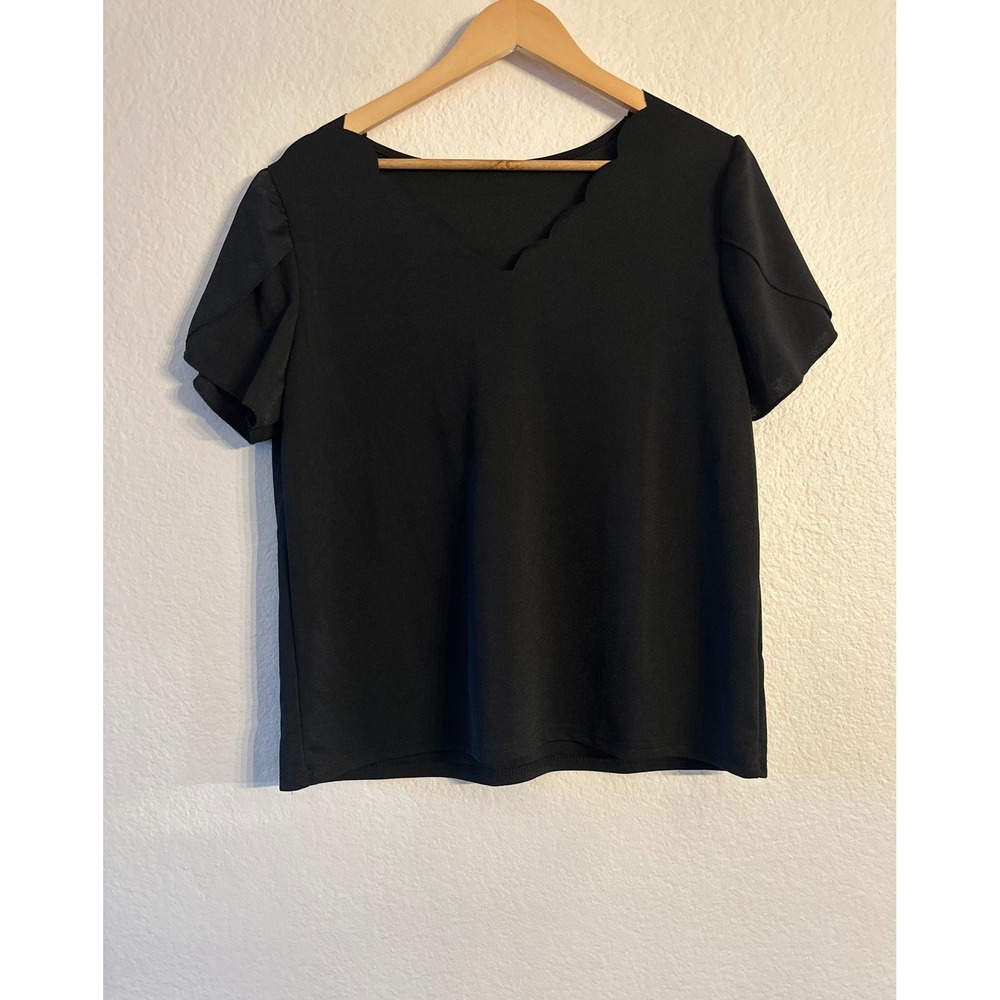 Unbranded Scalloped V-Neck Blouse Women Large Black Tulip Sleeve Crepe Top
